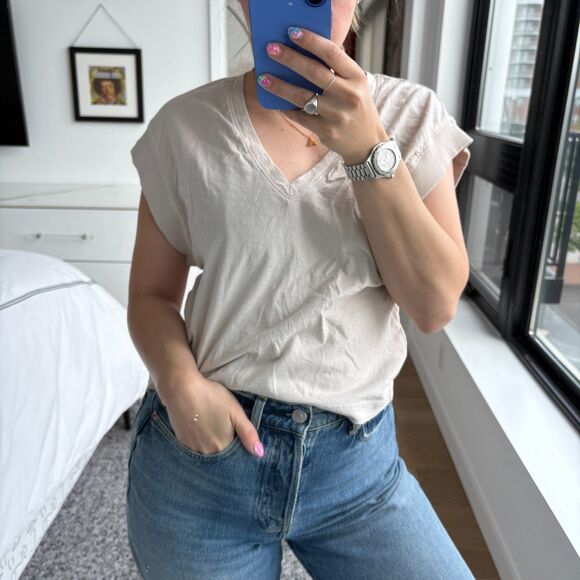 Zara Cap Sleeve V-Neck T-Shirt Off White XS - Picture 1 of 9